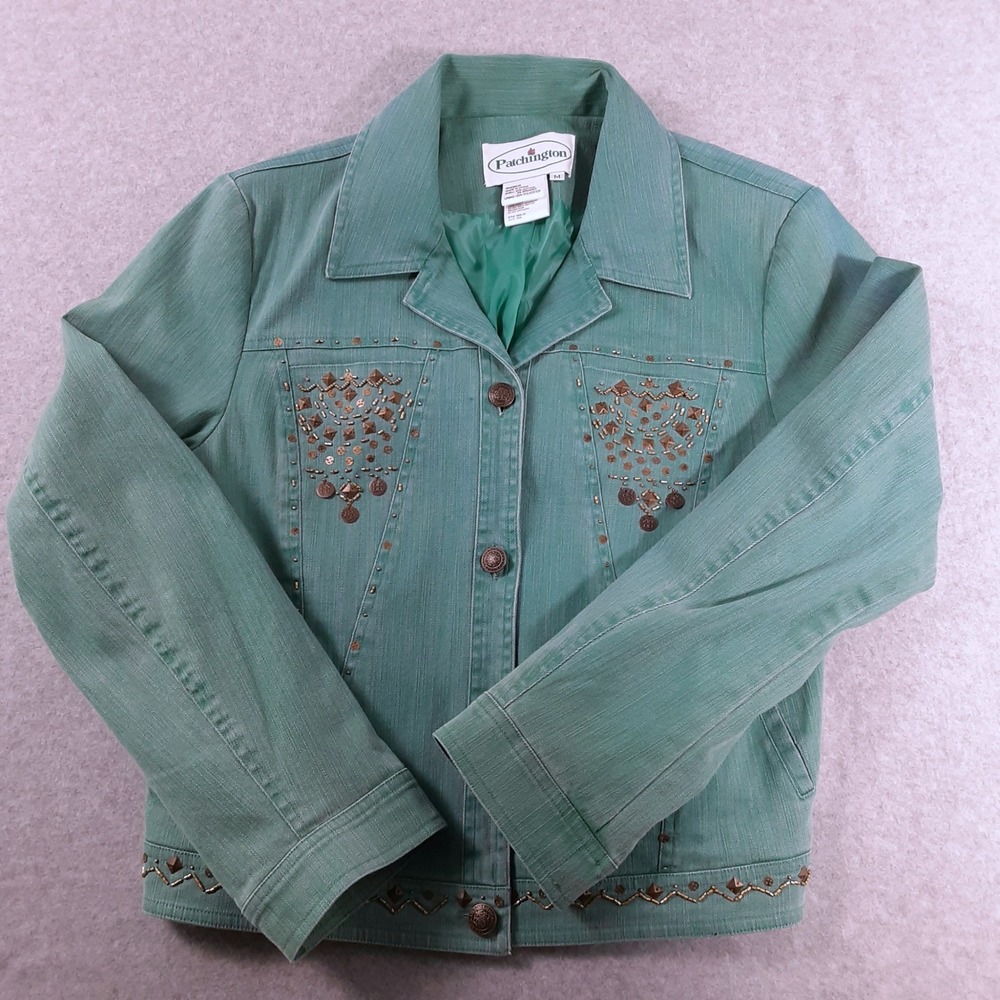 Patchington Teal Green Studded Beaded Denim Jacket Womens Medium Boho Western
